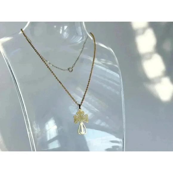 Gold Toned Ornamental Cross Pendant Necklace - 14" - Picture 8 of 8